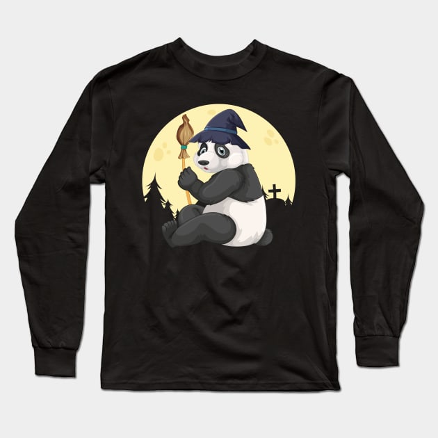 Cute Panda Wearing A Witch Hat Witch Broomstick Panda Lover Long Sleeve T-Shirt by FamiLane